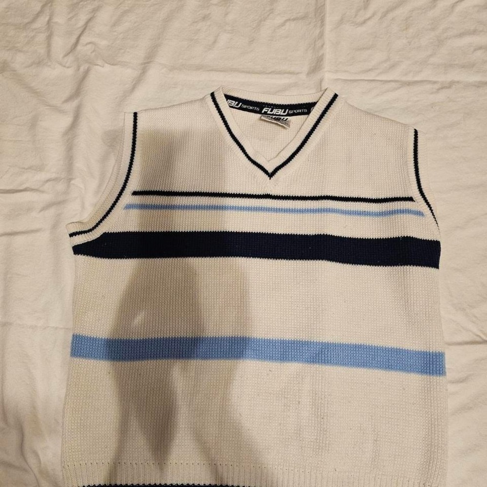 FUBU Cream and blue  sweater vest size L Streetwear Vintage Y2K